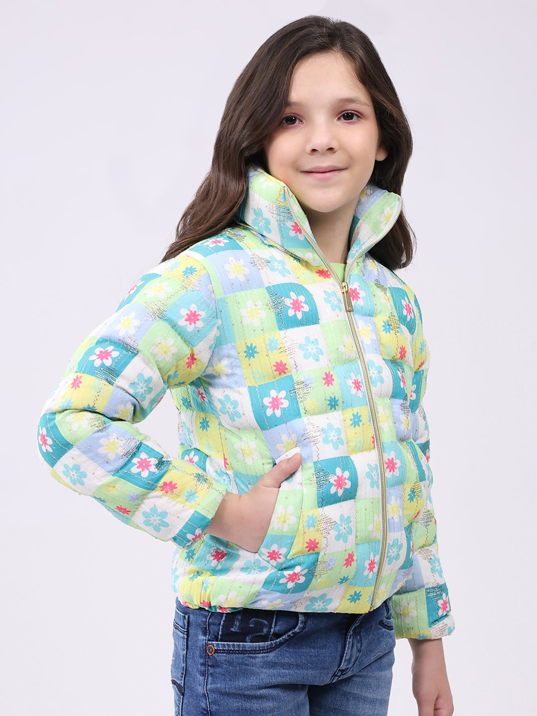 Girls Green Printed Collar Full Sleeve Jacket