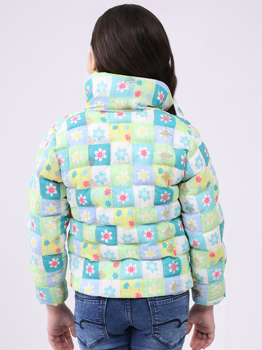 Girls Green Printed Collar Full Sleeve Jacket