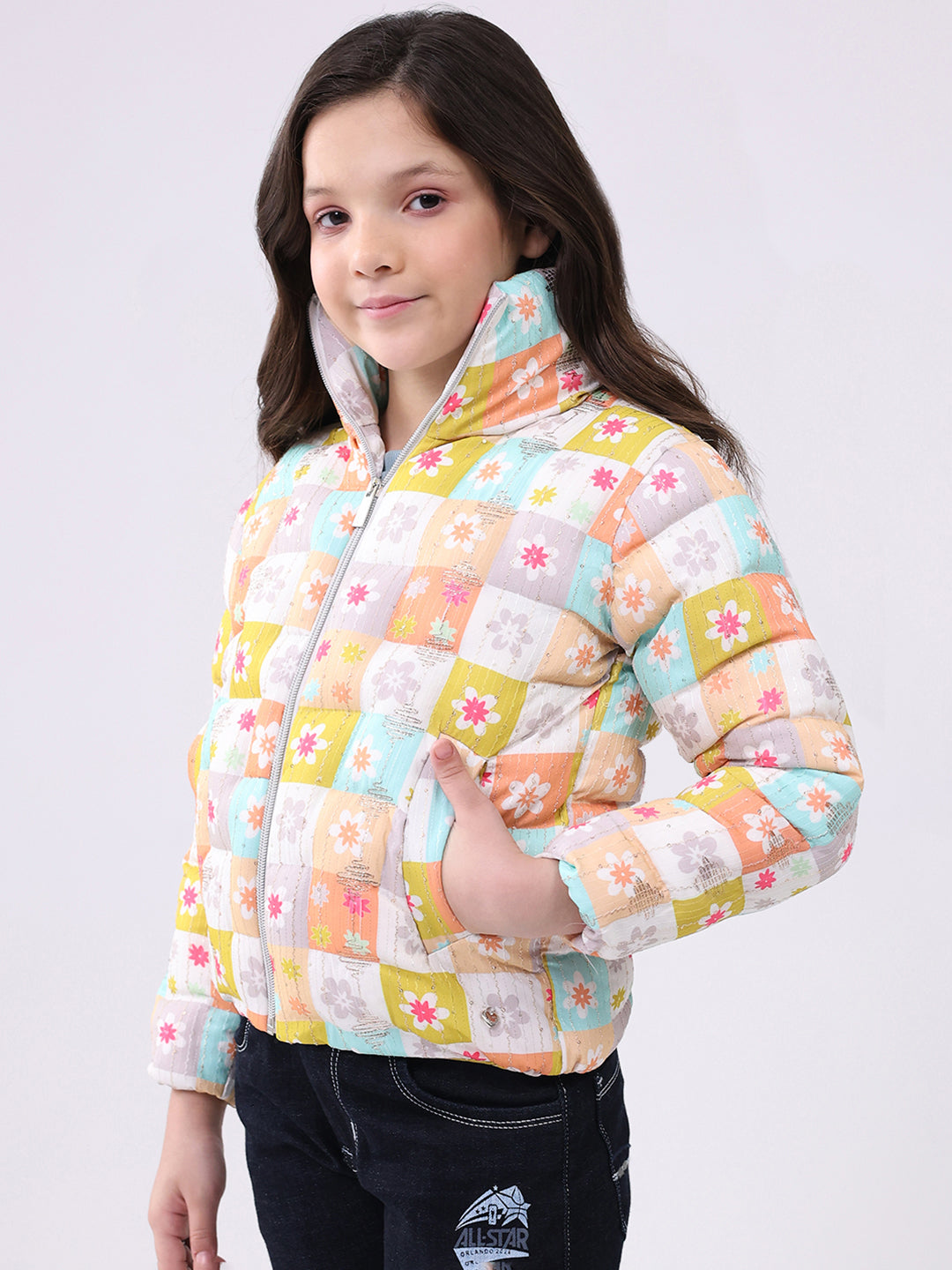 Girls Peach Printed Collar Full Sleeve Jacket