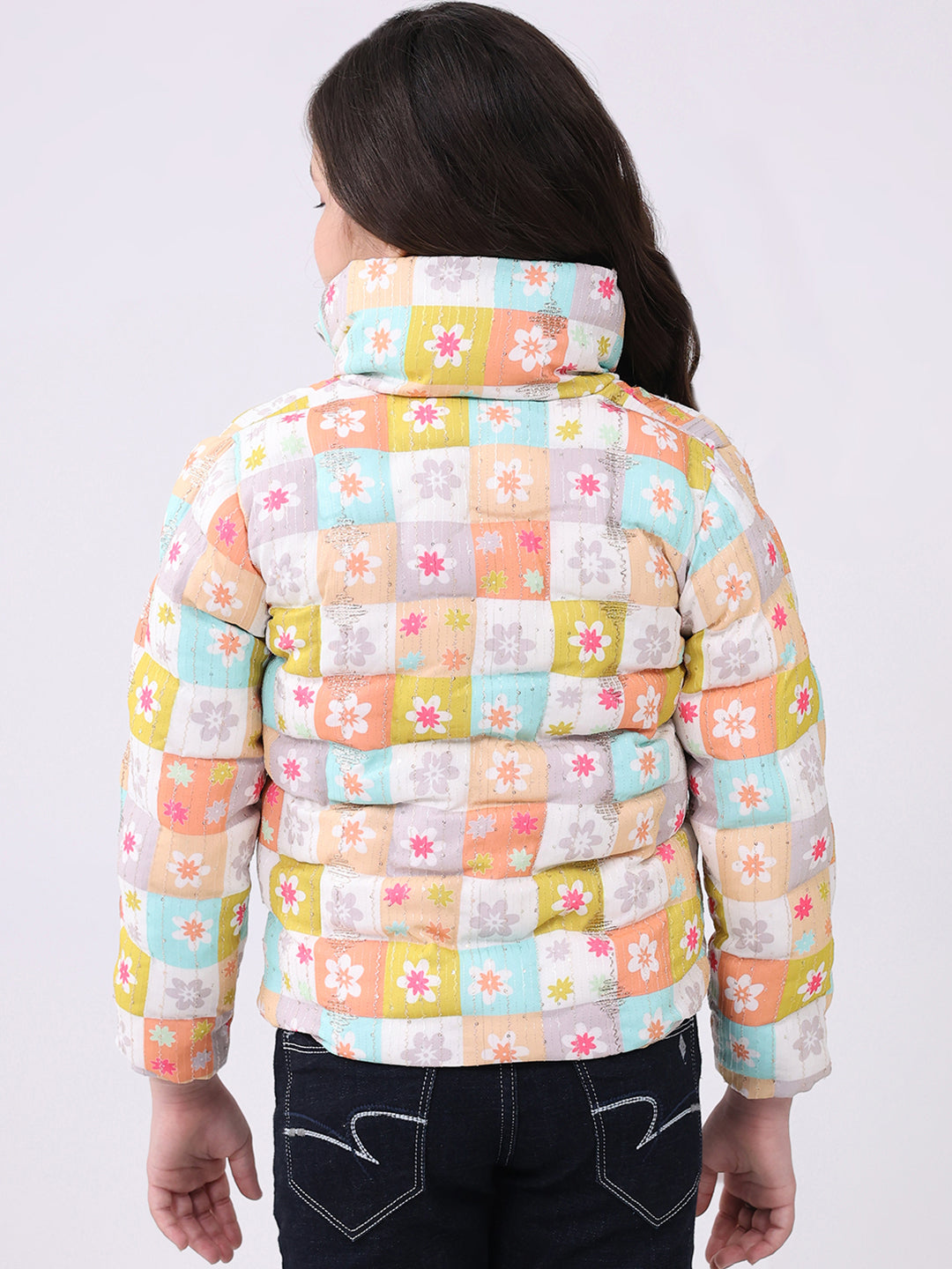 Girls Peach Printed Collar Full Sleeve Jacket
