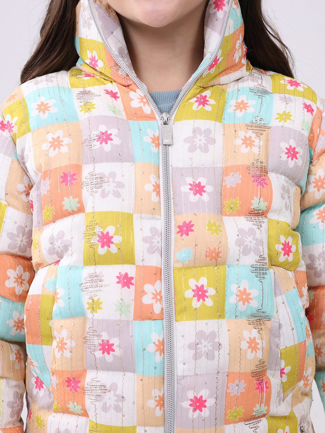 Girls Peach Printed Collar Full Sleeve Jacket