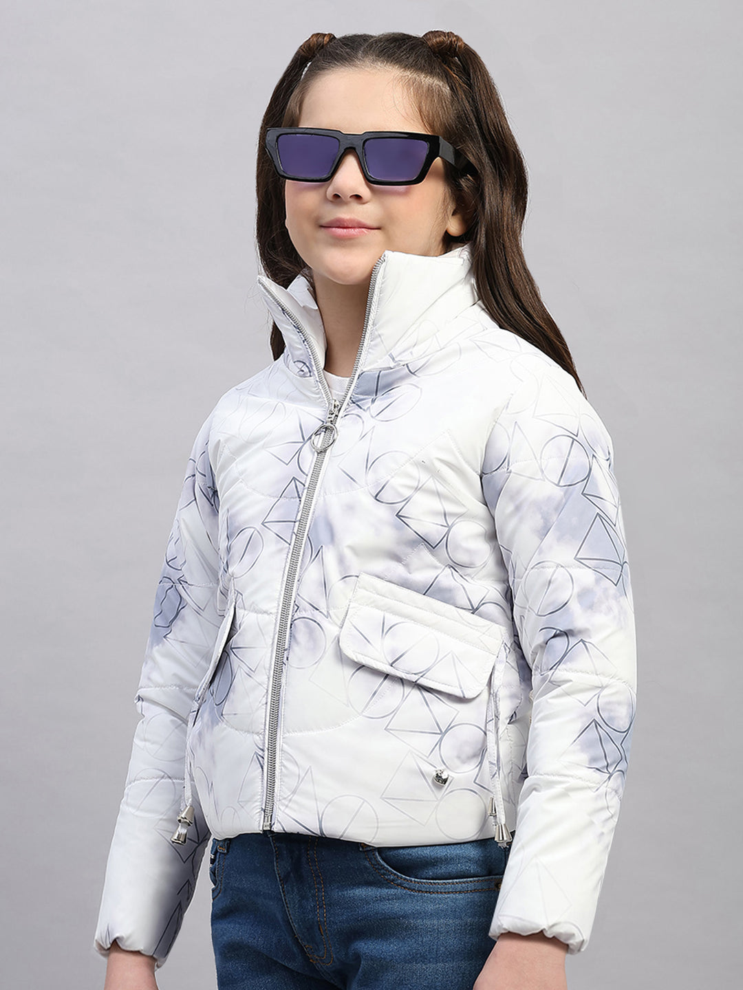 Girls Purple Printed Collar Full Sleeve Jacket