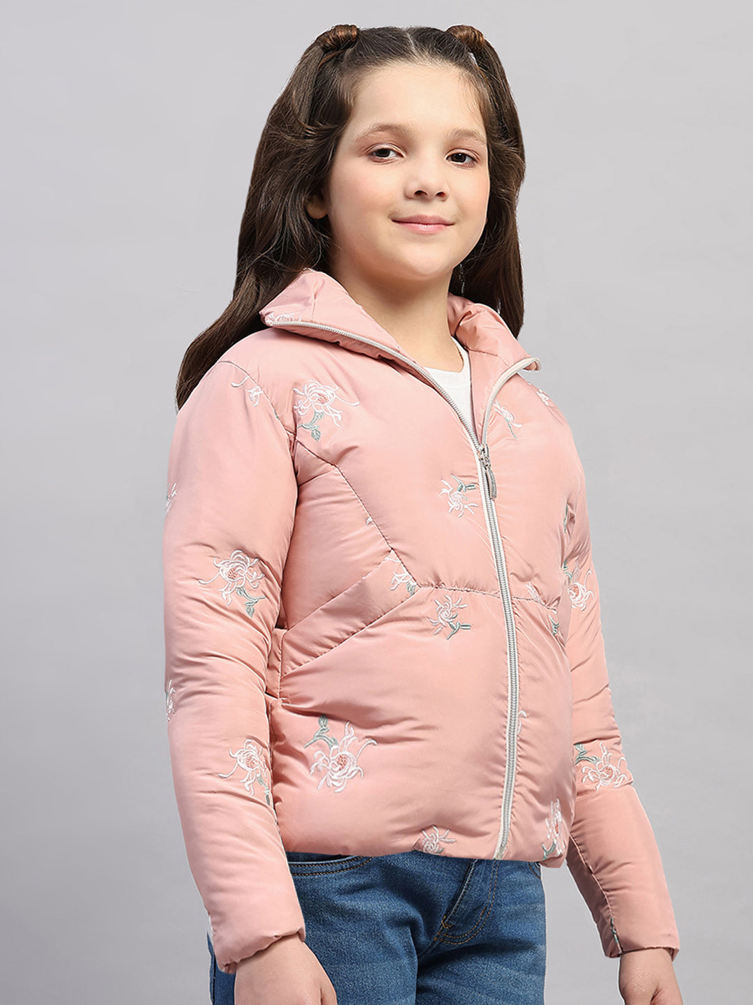 Girls Peach Embroidered Collar Full Sleeve Jacket
