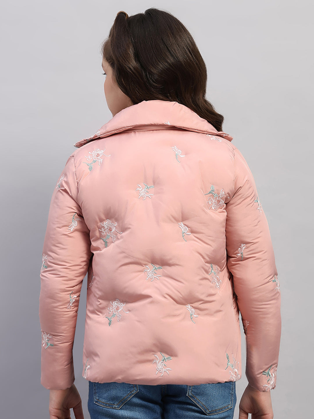 Girls Peach Embroidered Collar Full Sleeve Jacket
