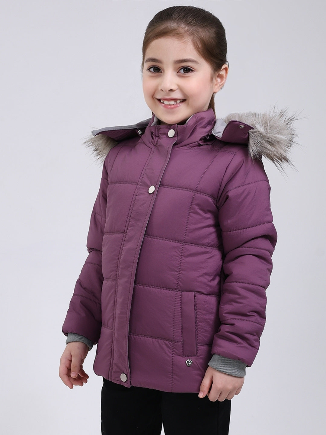 Girls Purple Solid Hooded Full Sleeve Jacket