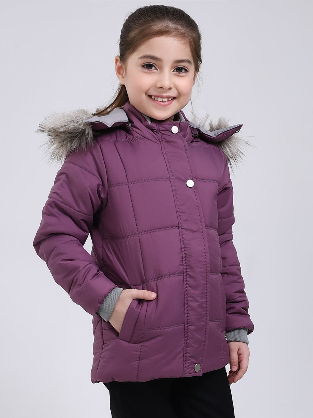Girls Purple Solid Hooded Full Sleeve Jacket