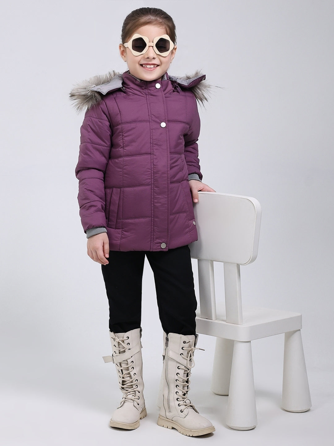 Girls Purple Solid Hooded Full Sleeve Jacket