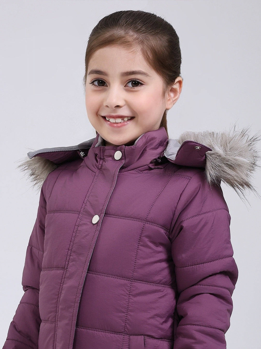 Girls Purple Solid Hooded Full Sleeve Jacket