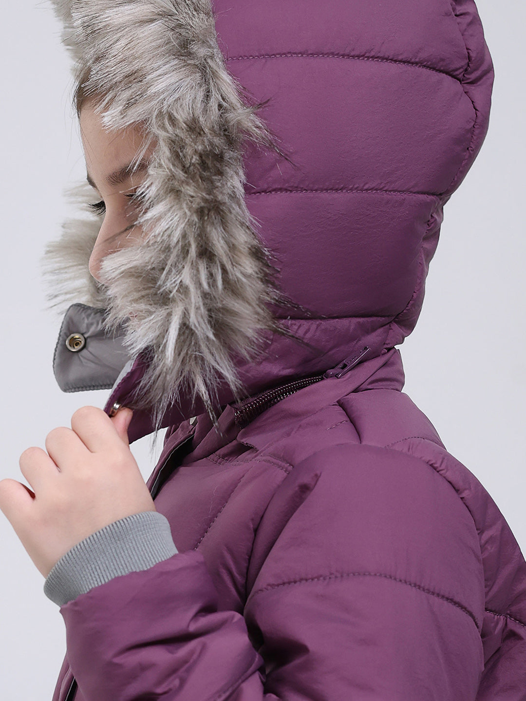 Girls Purple Solid Hooded Full Sleeve Jacket