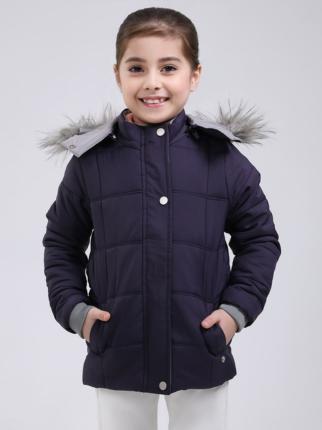Girls Purple Solid Hooded Full Sleeve Jacket