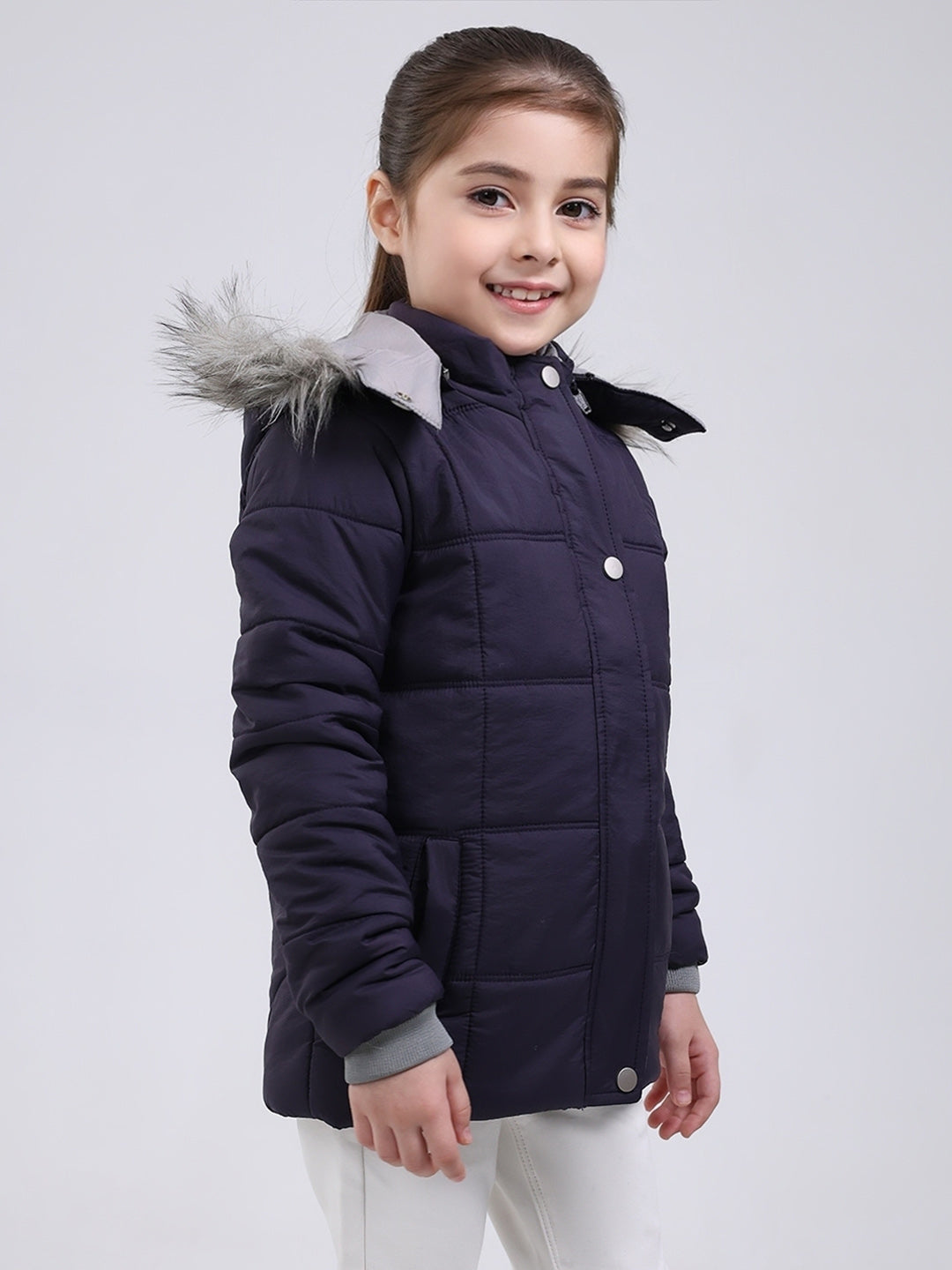 Girls Purple Solid Hooded Full Sleeve Jacket