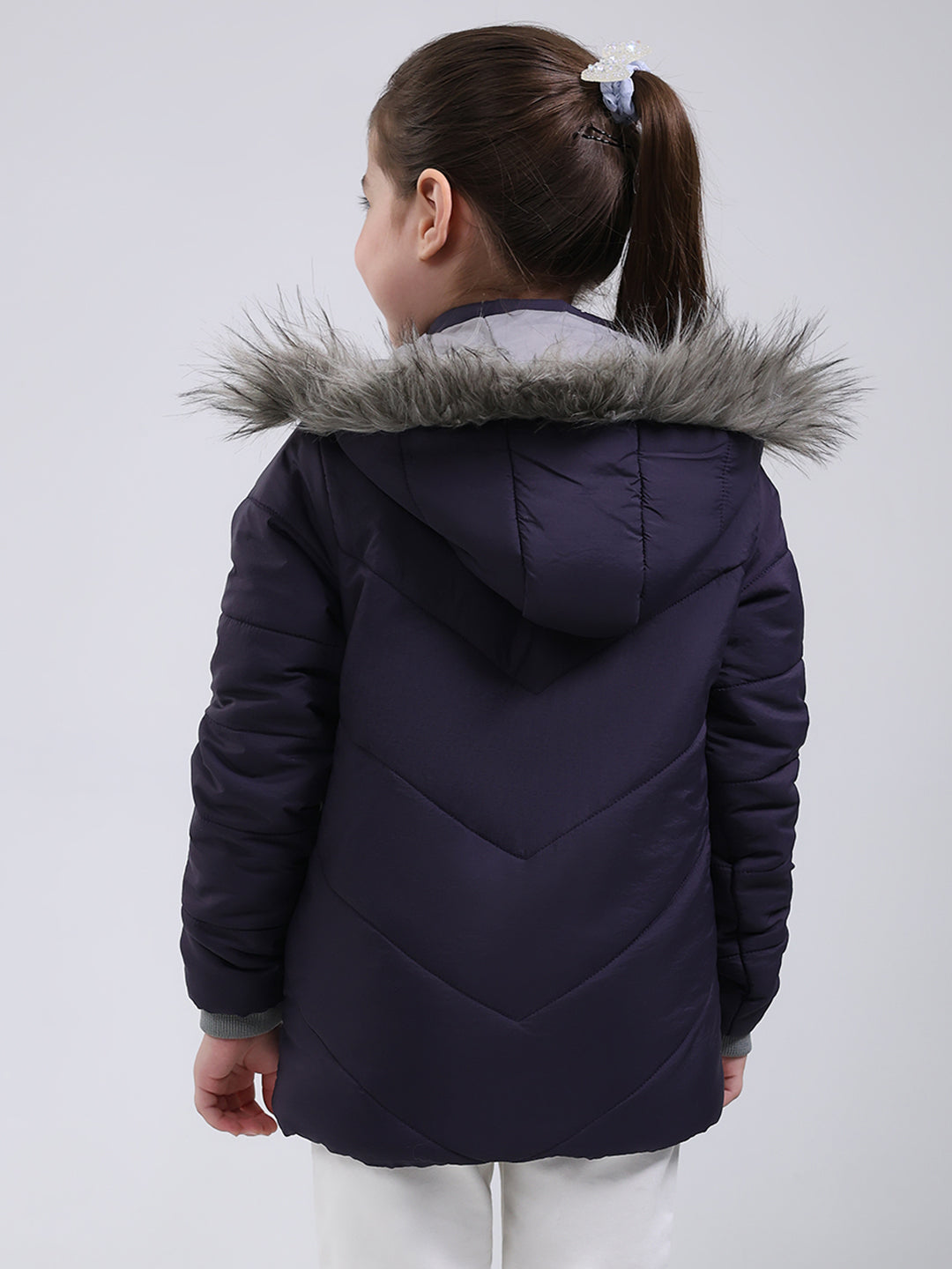 Girls Purple Solid Hooded Full Sleeve Jacket