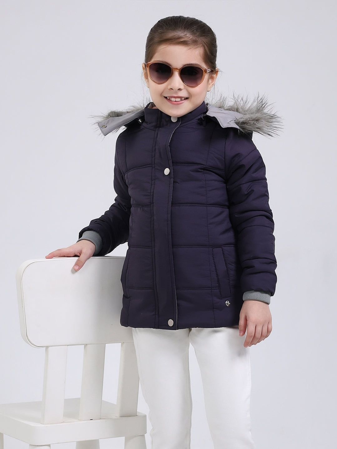 Girls Purple Solid Hooded Full Sleeve Jacket