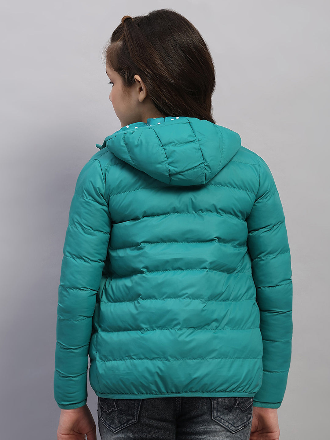 Girls Green Solid Hooded Full Sleeve Reversible Jacket