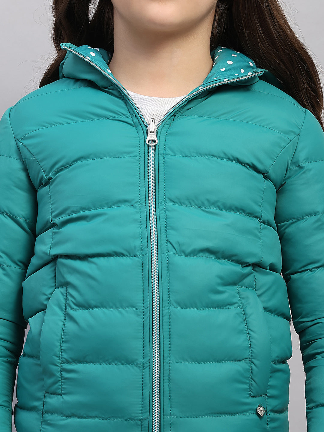 Girls Green Solid Hooded Full Sleeve Reversible Jacket
