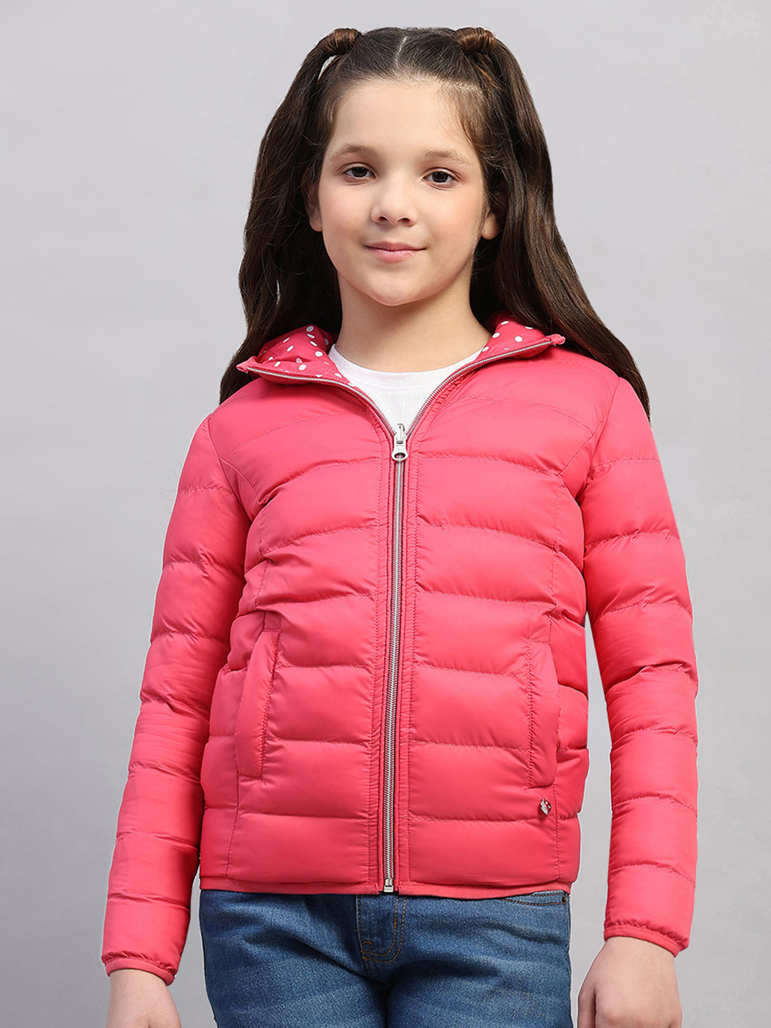 Girls Pink Solid Hooded Full Sleeve Reversible Jacket