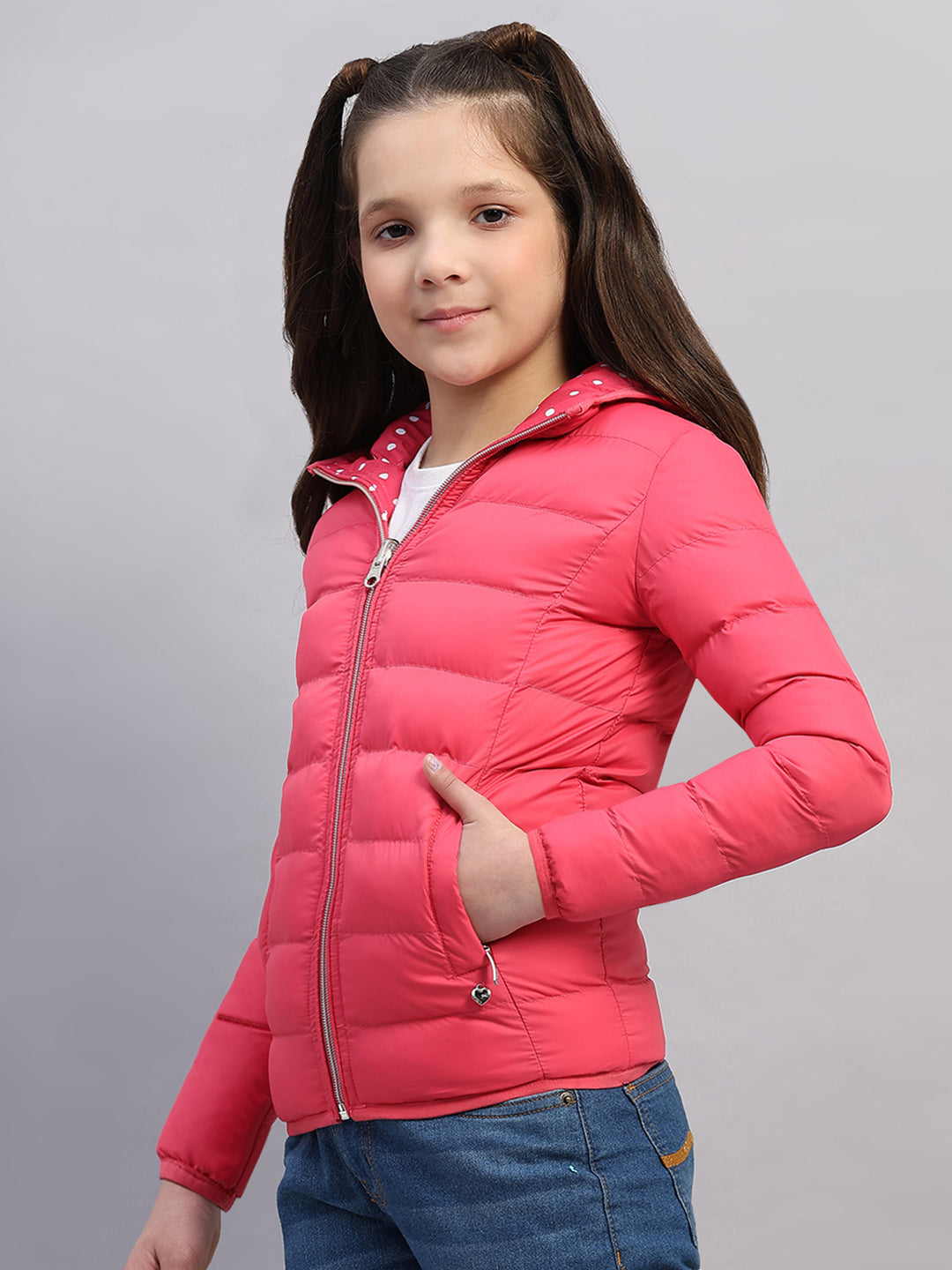 Girls Pink Solid Hooded Full Sleeve Reversible Jacket