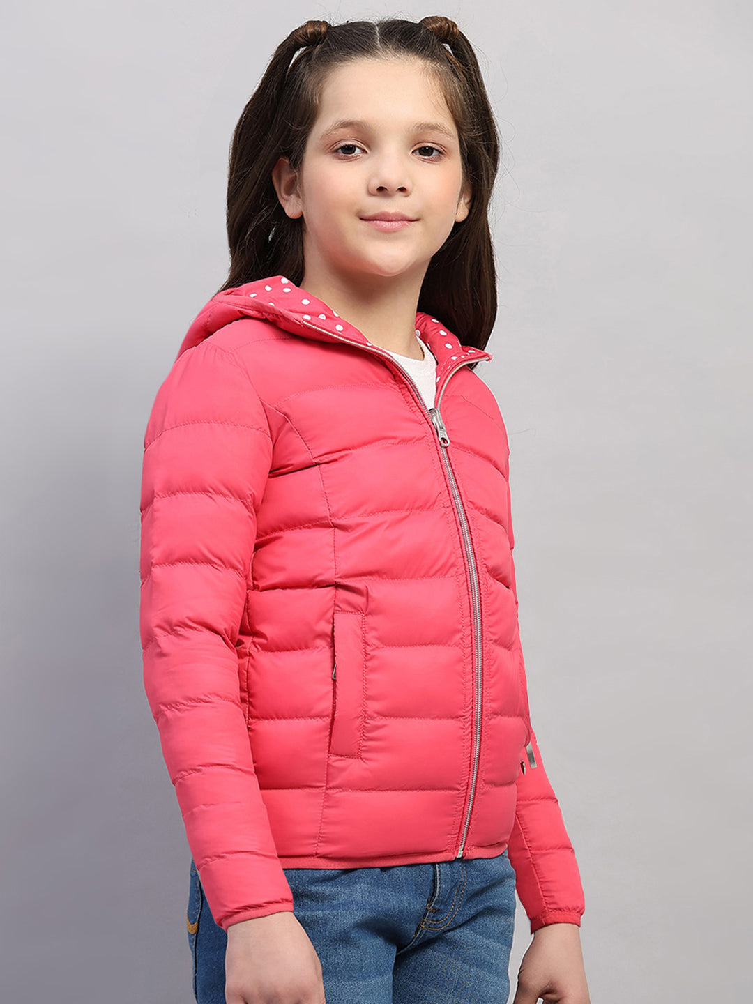 Girls Pink Solid Hooded Full Sleeve Reversible Jacket