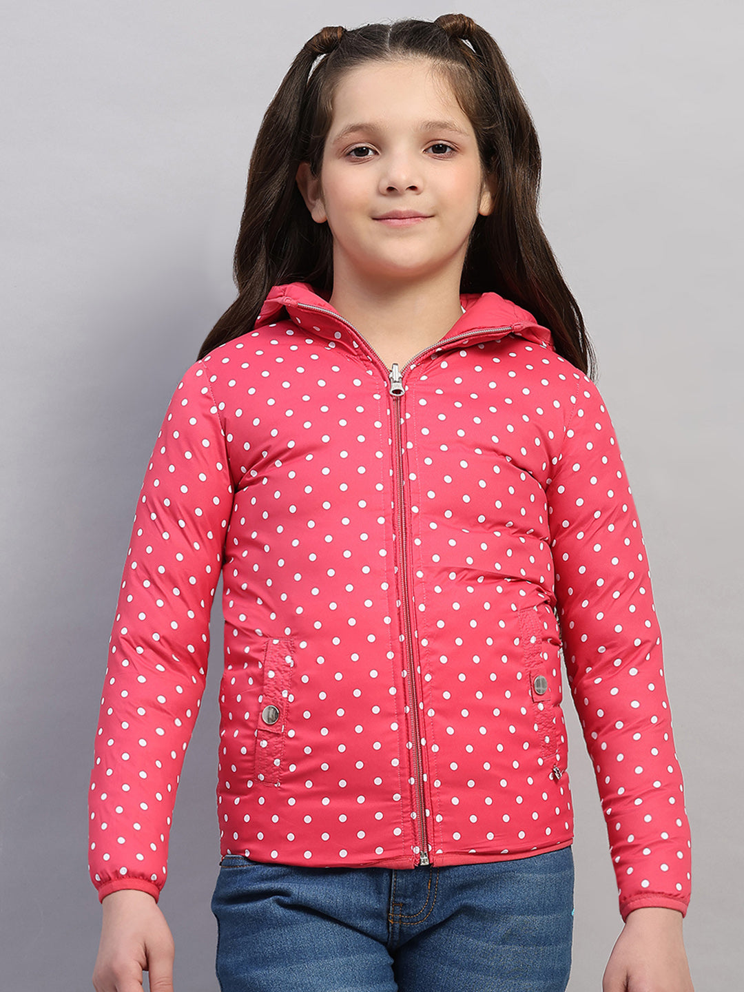Girls Pink Solid Hooded Full Sleeve Reversible Jacket