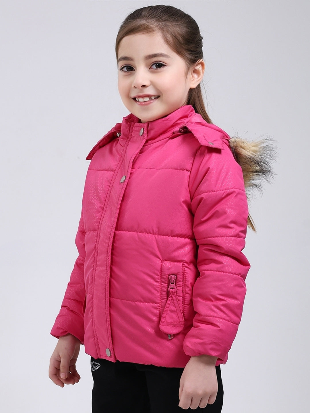 Girls Pink Printed Hooded Full Sleeve Jacket