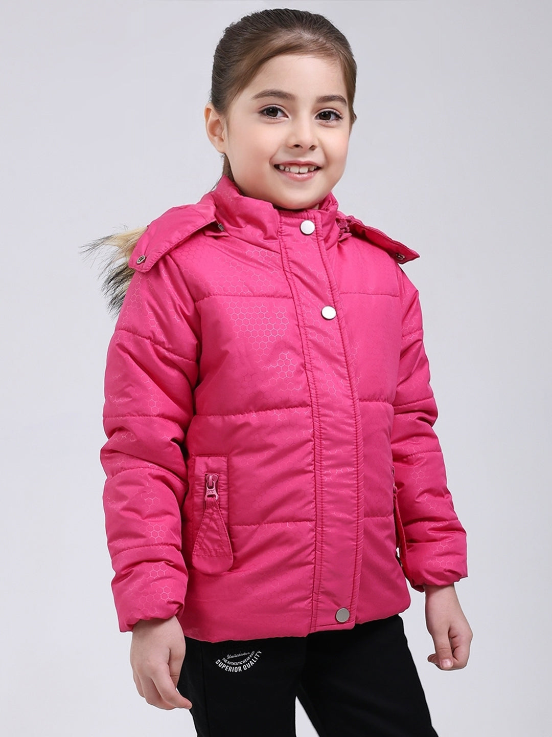 Girls Pink Printed Hooded Full Sleeve Jacket