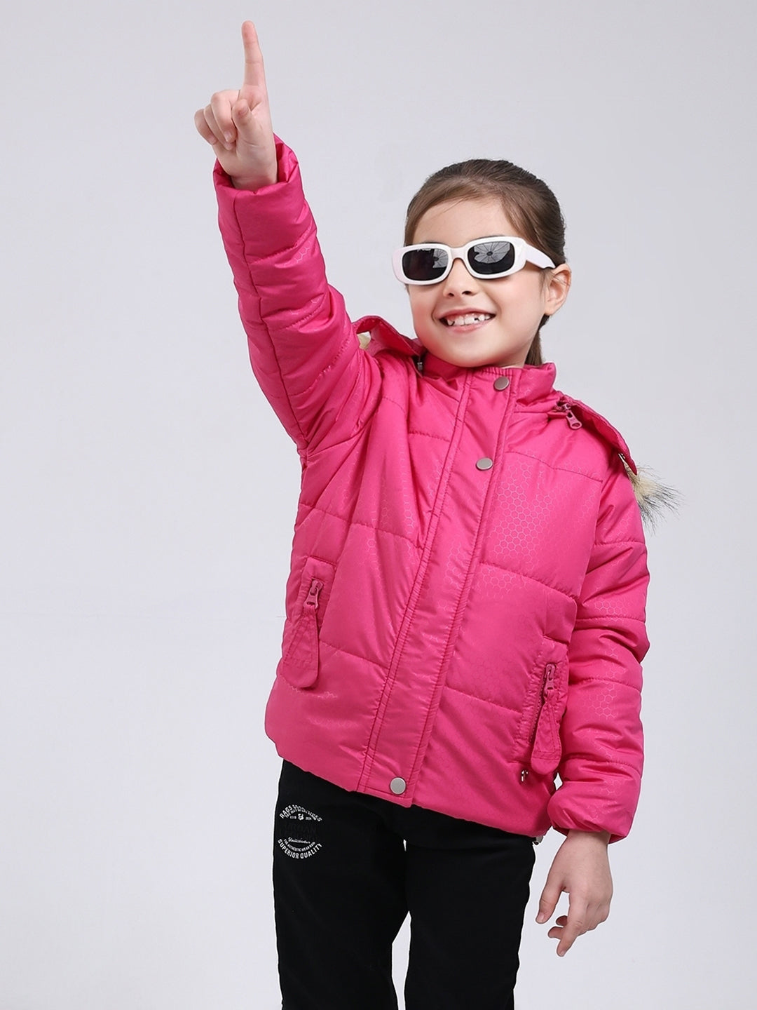 Girls Pink Printed Hooded Full Sleeve Jacket