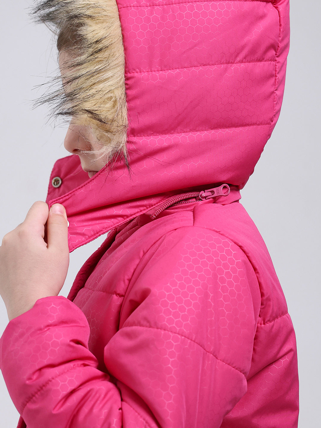 Girls Pink Printed Hooded Full Sleeve Jacket