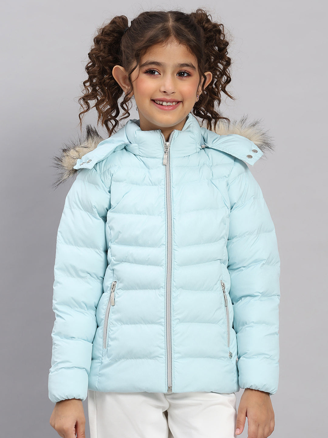 Girls Sky Blue Self Design Hooded Full Sleeve Jacket