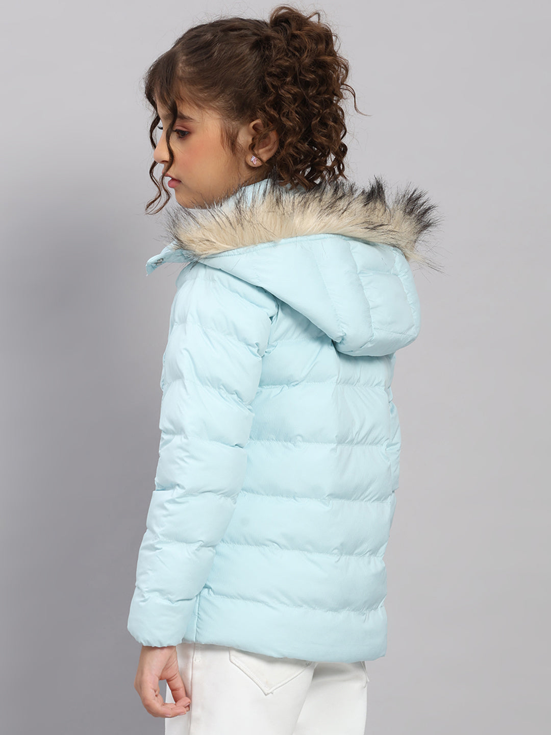 Girls Sky Blue Self Design Hooded Full Sleeve Jacket