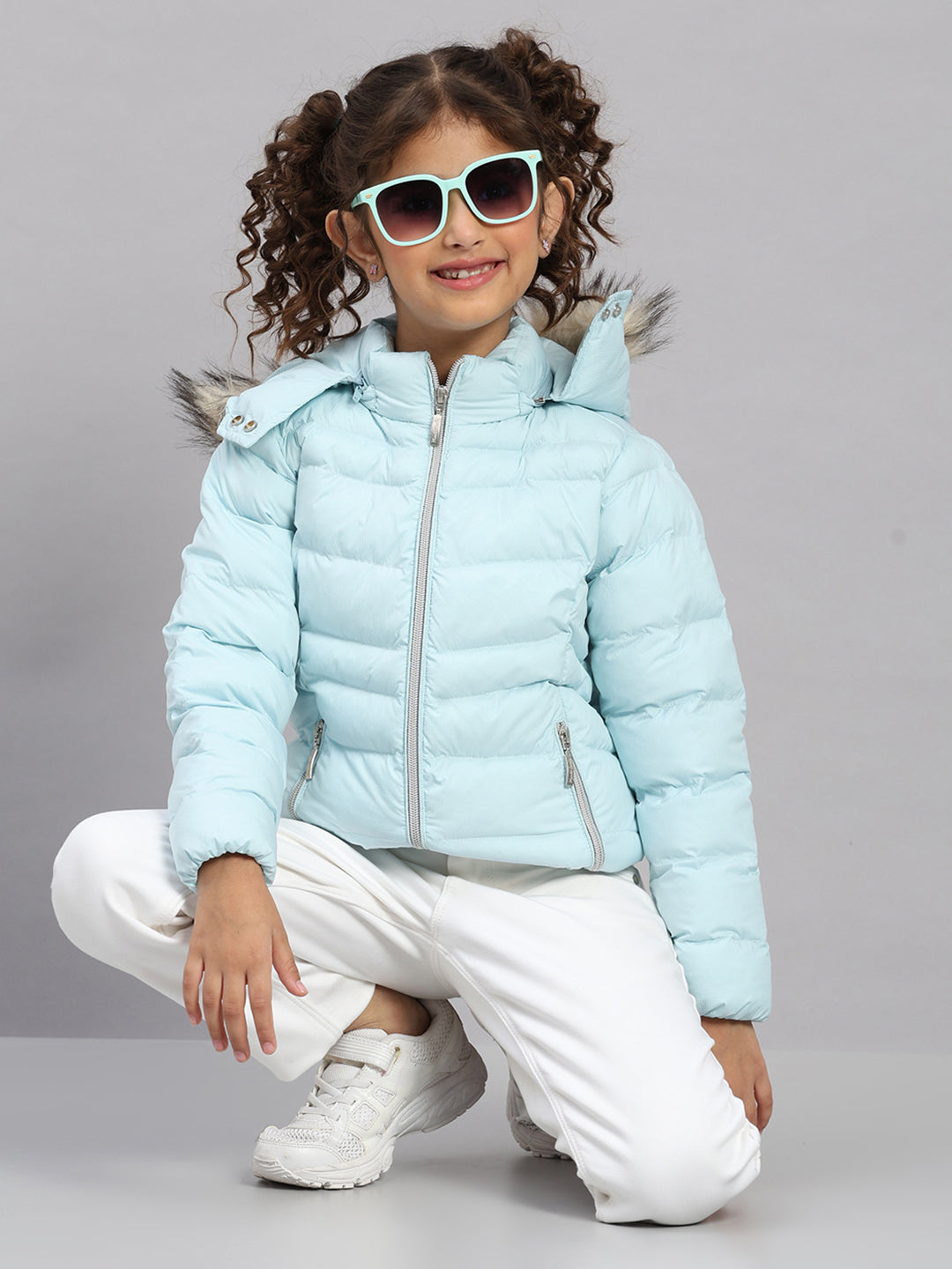 Girls Sky Blue Self Design Hooded Full Sleeve Jacket