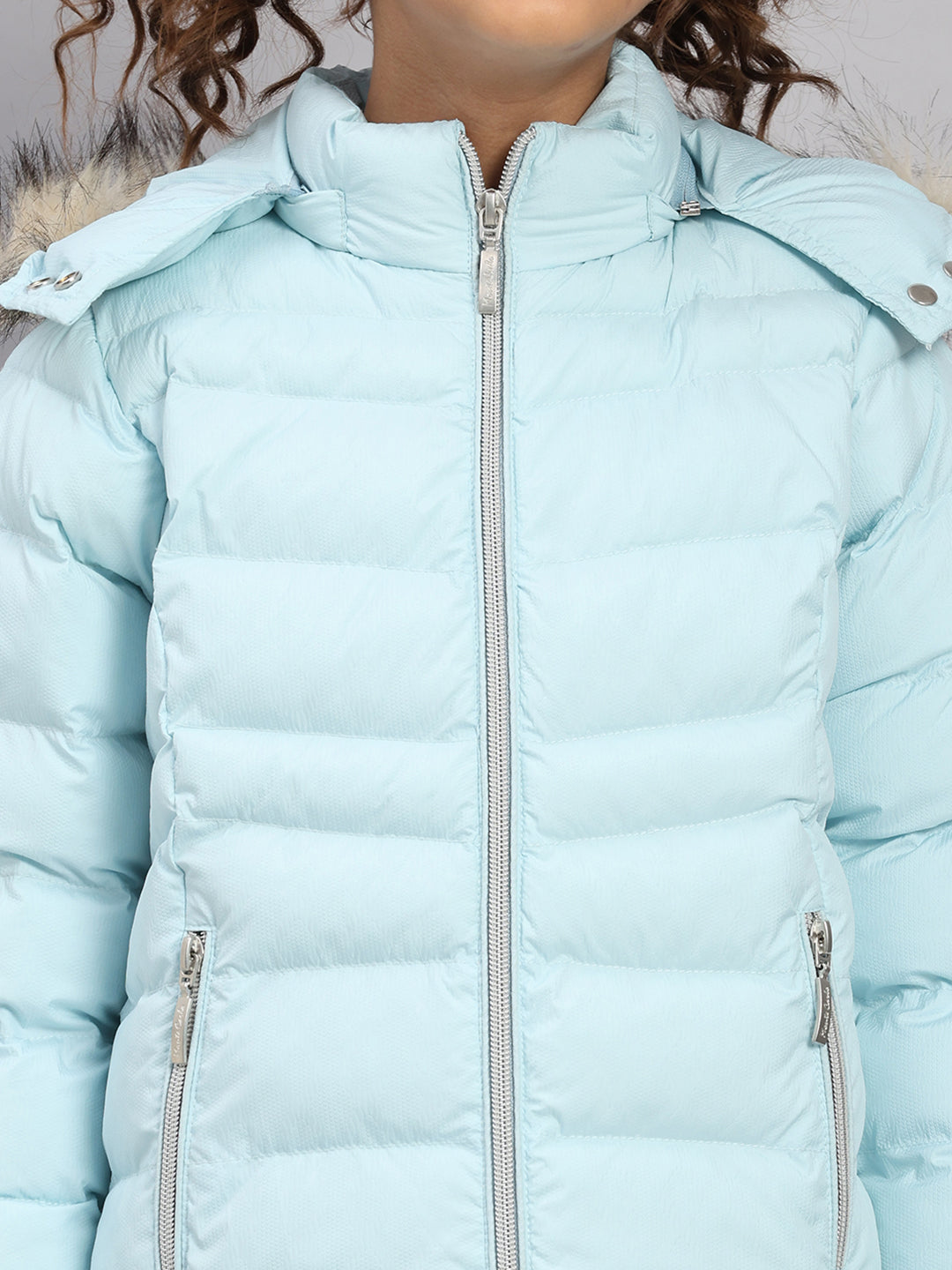 Girls Sky Blue Self Design Hooded Full Sleeve Jacket