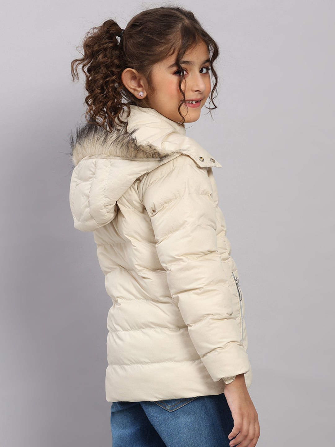 Girls Beige Self Design Hooded Full Sleeve Jacket