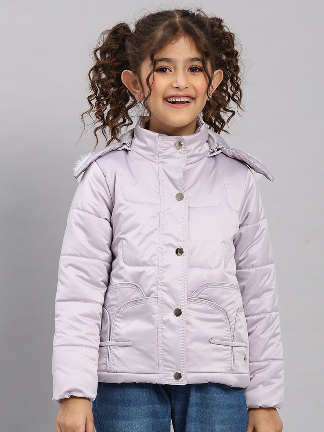 Girls Purple Solid Hooded Full Sleeve Jacket