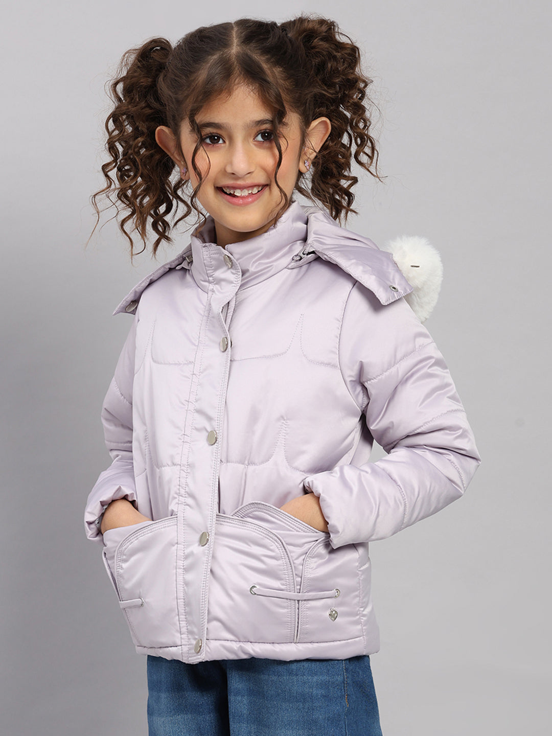 Girls Purple Solid Hooded Full Sleeve Jacket