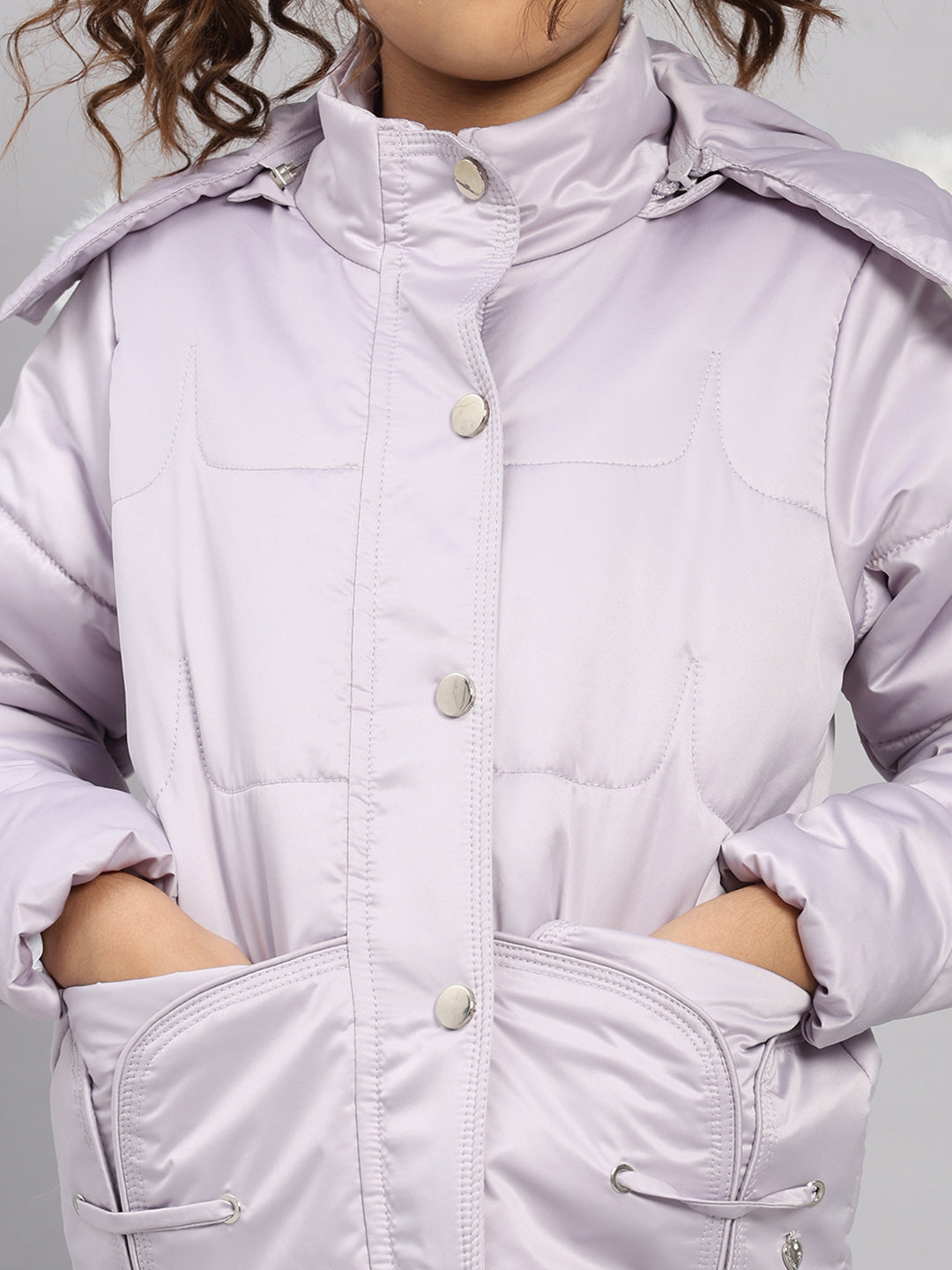 Girls Purple Solid Hooded Full Sleeve Jacket