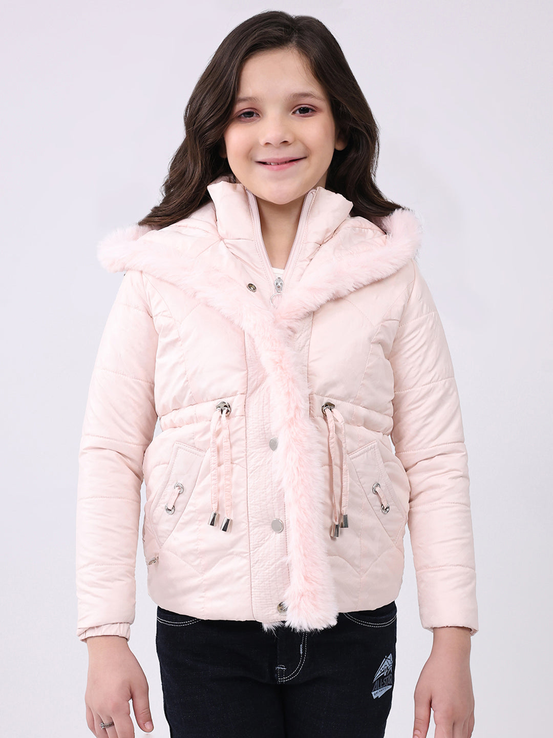 Girls Pink Solid Hooded Full Sleeve Jacket
