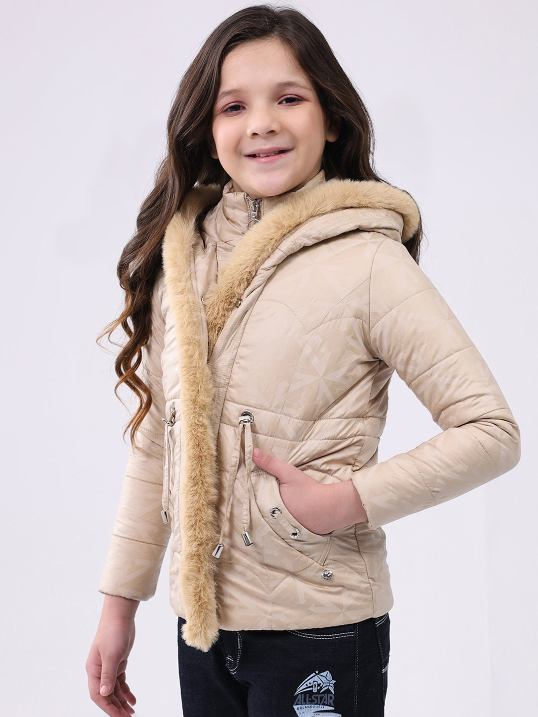 Girls Beige Solid Hooded Full Sleeve Jacket