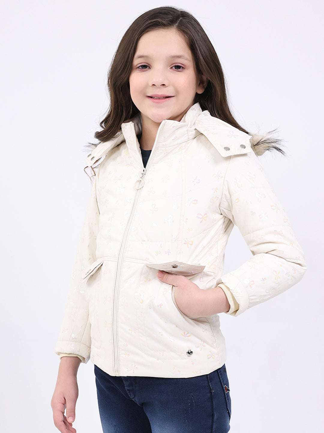 Girls Beige Printed Hooded Full Sleeve Jacket
