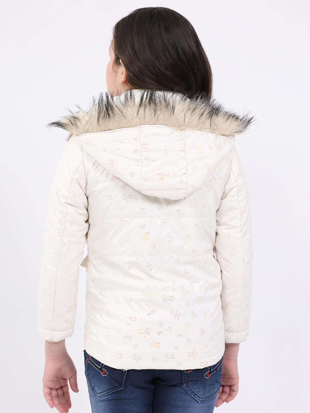 Girls Beige Printed Hooded Full Sleeve Jacket