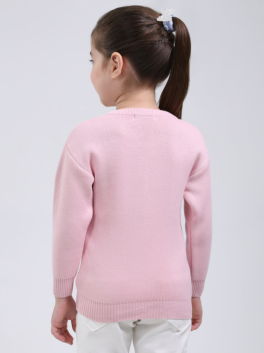 Girls Pink Printed Round Neck Full Sleeve Pullover