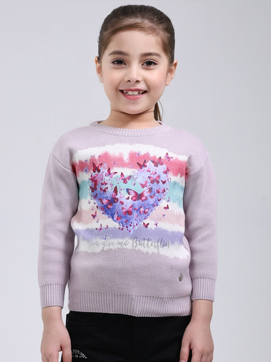 Girls Purple Printed Round Neck Full Sleeve Pullover