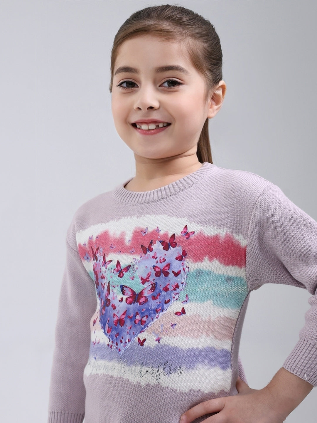 Girls Purple Printed Round Neck Full Sleeve Pullover