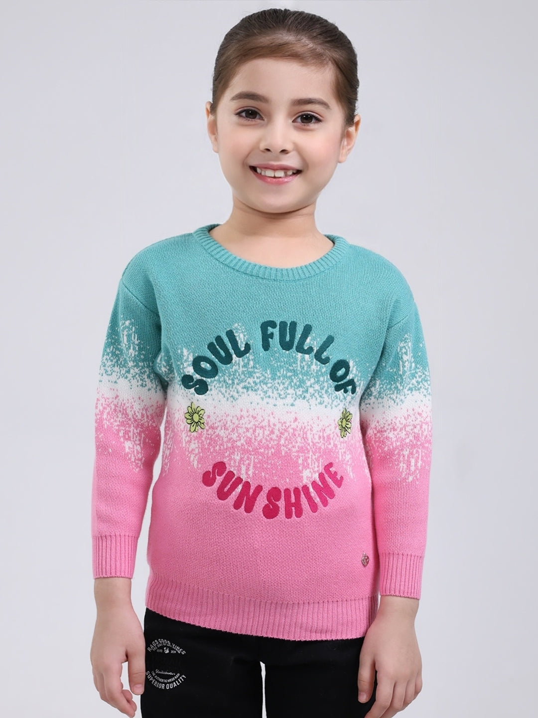 Girls Green Embroidered Round Neck Full Sleeve Pullover