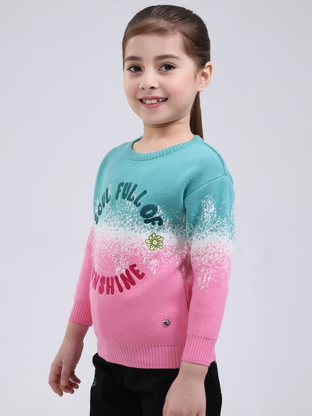 Girls Green Embroidered Round Neck Full Sleeve Pullover