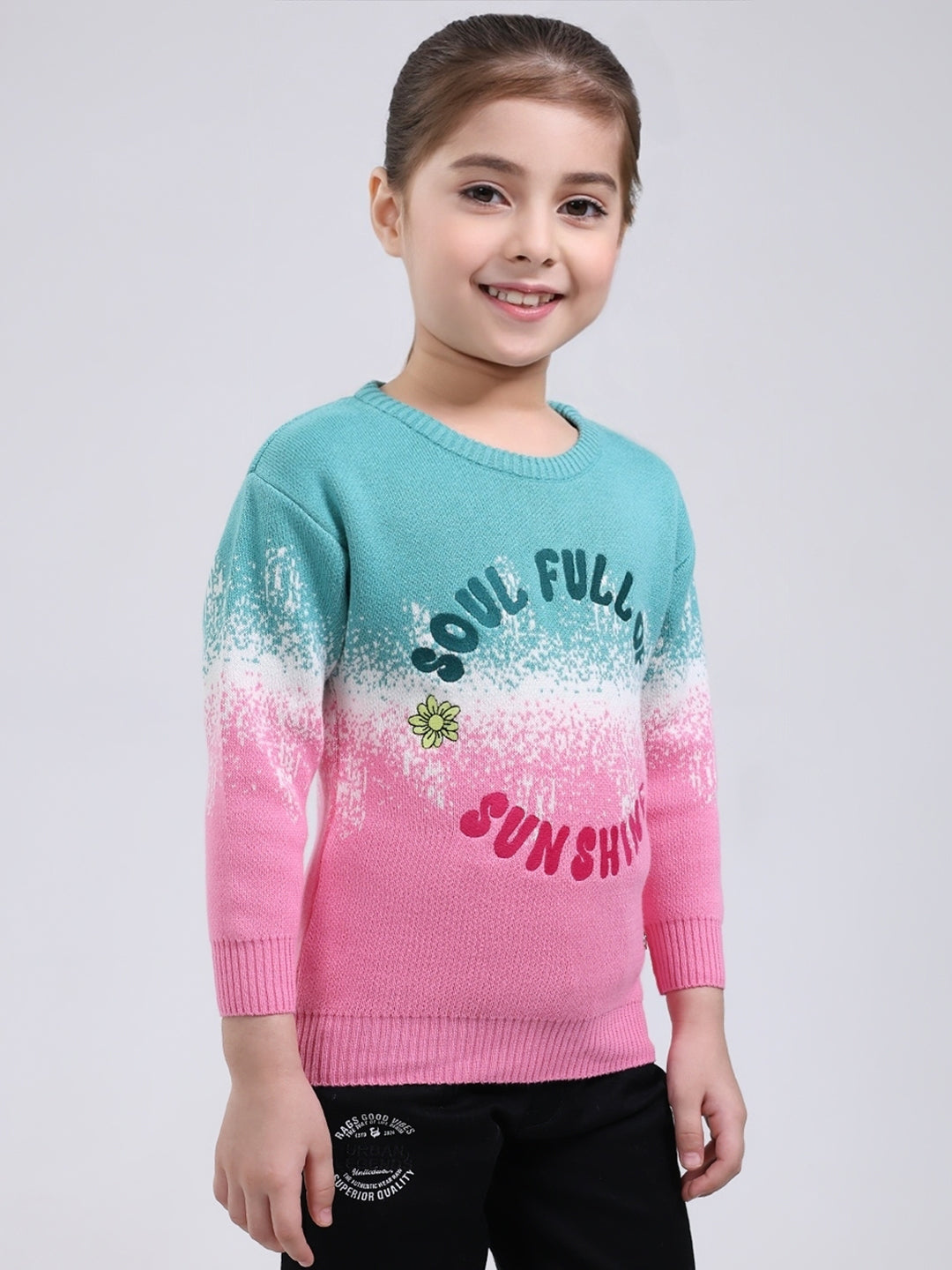 Girls Green Embroidered Round Neck Full Sleeve Pullover