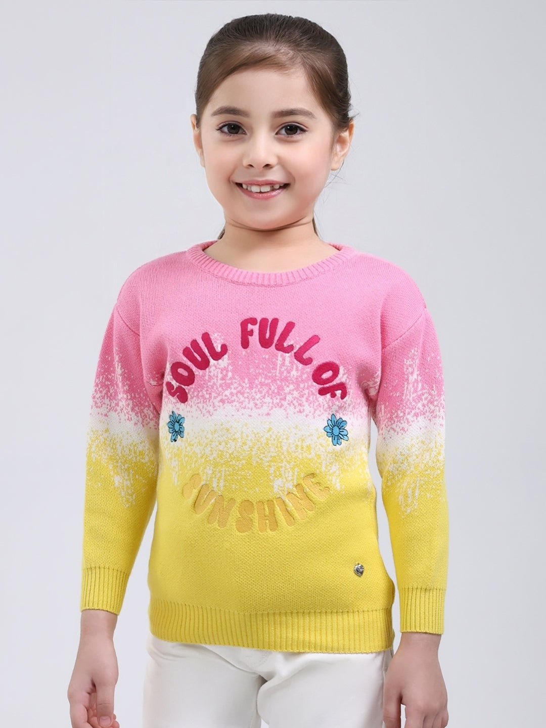 Girls Pink Embroidered Round Neck Full Sleeve Pullover