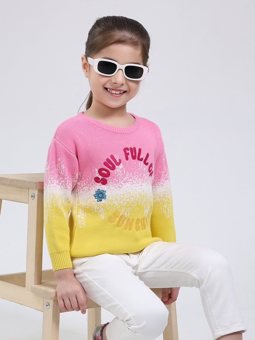 Girls Pink Embroidered Round Neck Full Sleeve Pullover