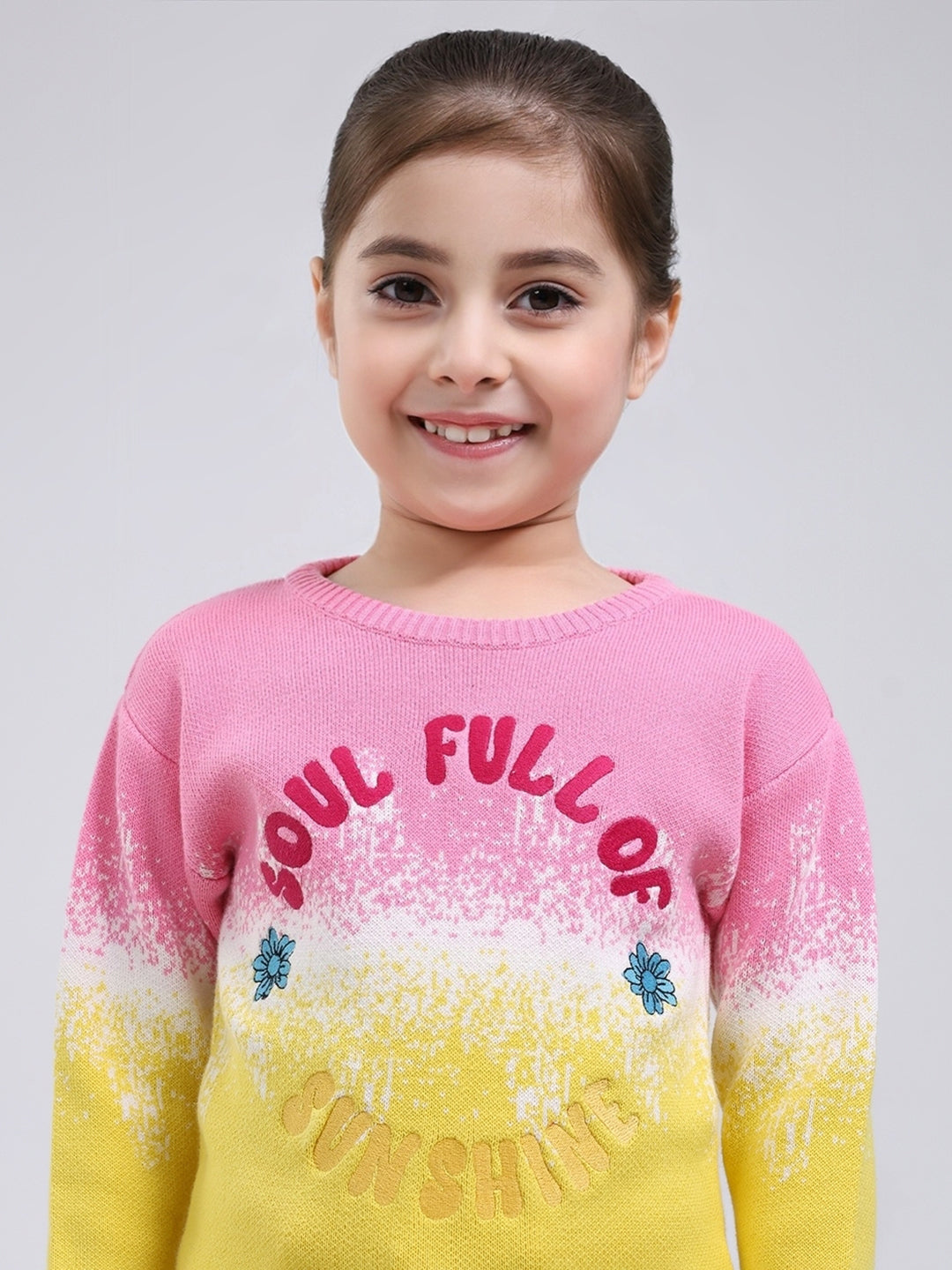 Girls Pink Embroidered Round Neck Full Sleeve Pullover