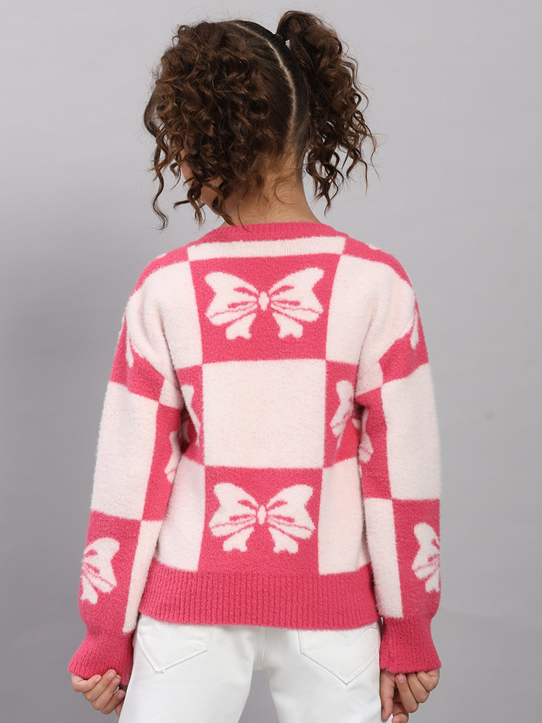 Girls Pink Embroidered Round Neck Full Sleeve Pullover