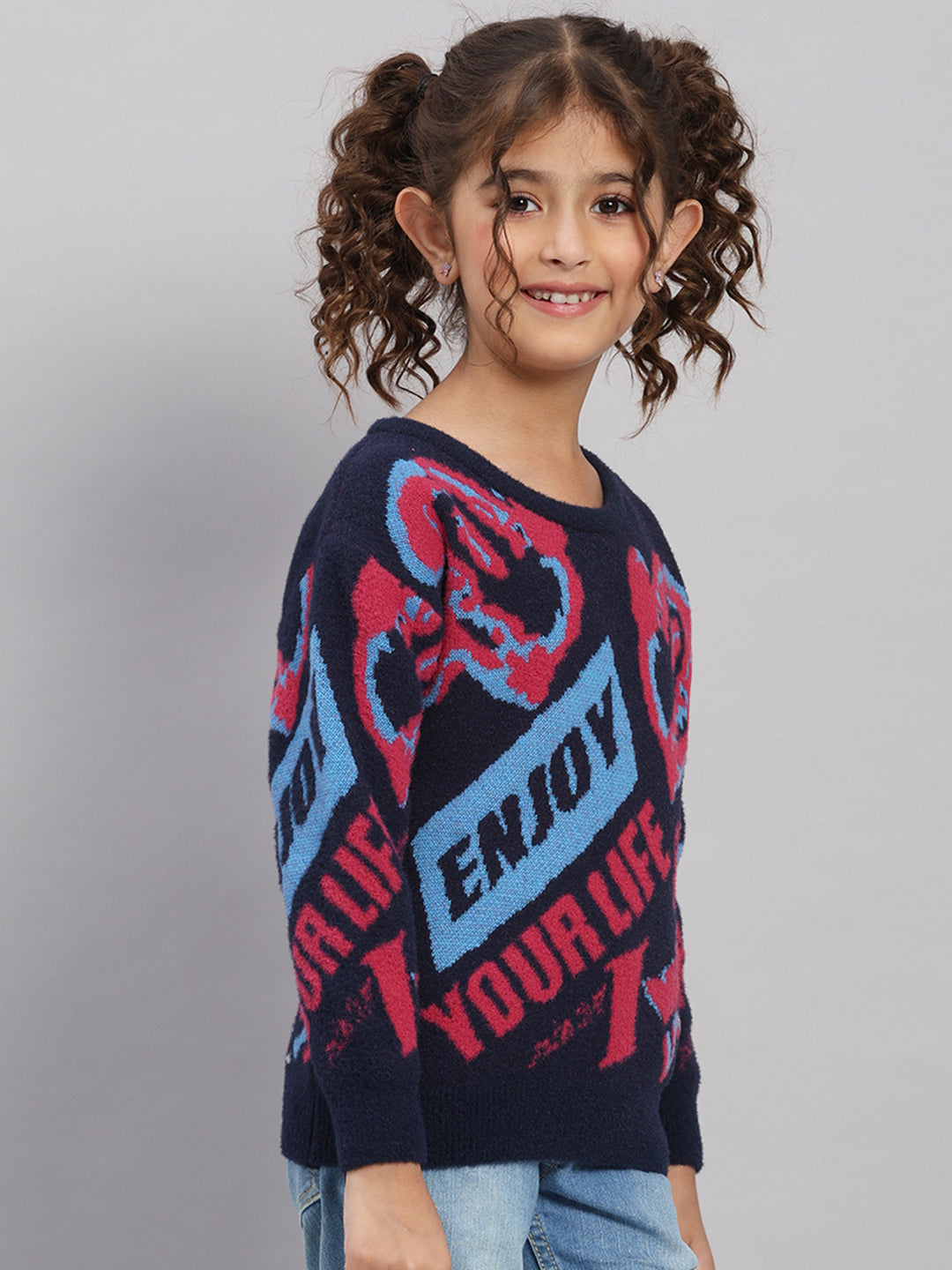 Girls Navy Blue Self Design Round Neck Full Sleeve Pullover